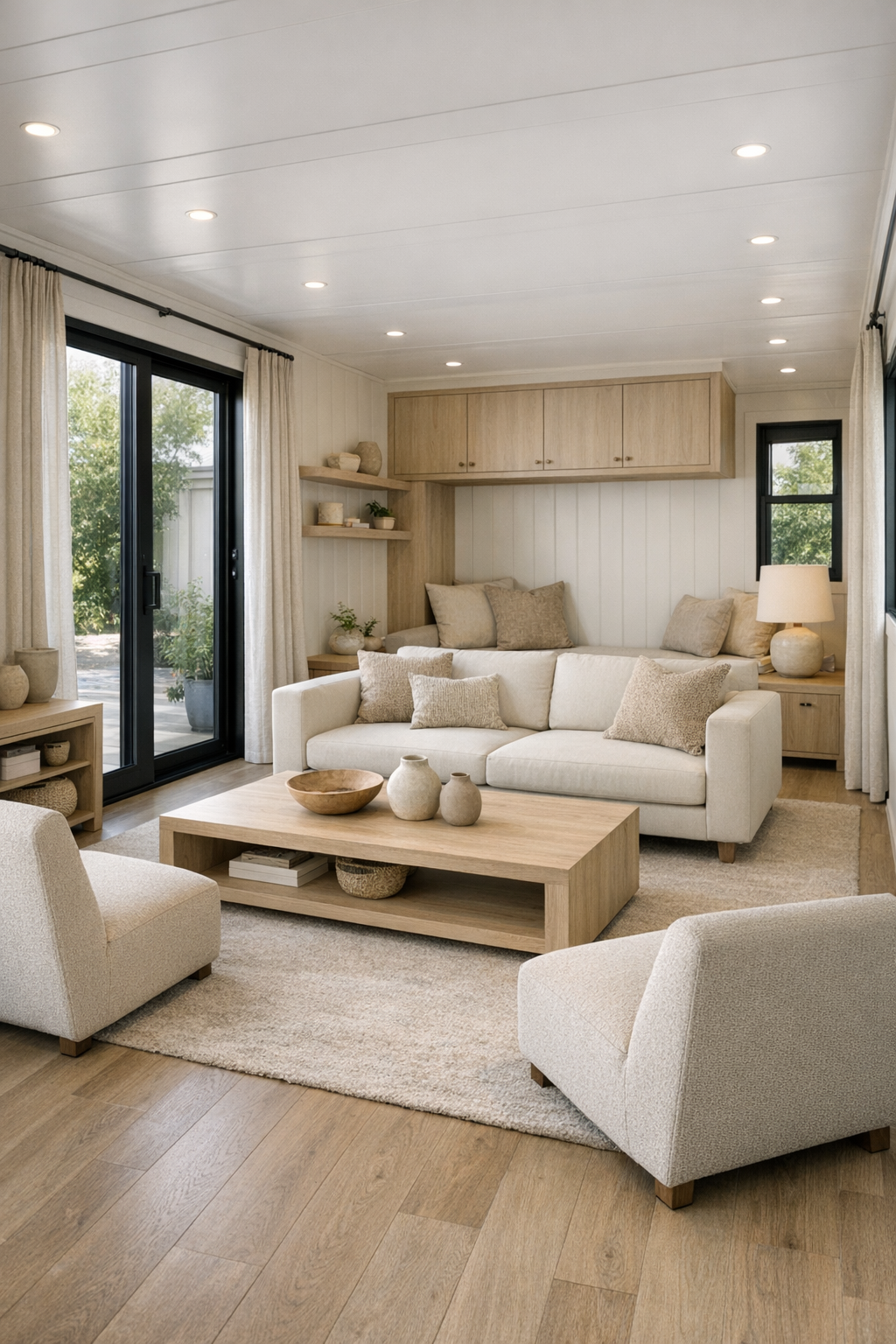 Accessible modern living room with soft champagne and oak tones