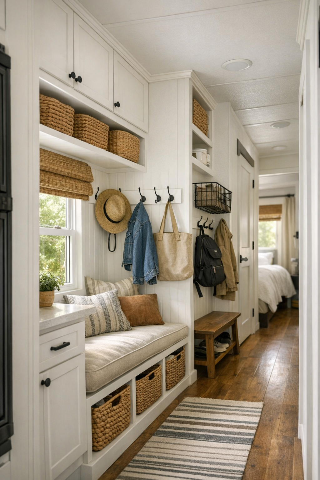 Thoughtful farmhouse utility nook with built-in storage, hooks, baskets, and a small window seat