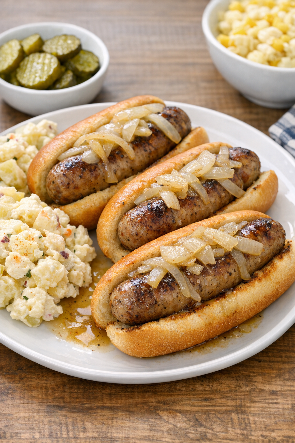 Finished slow cooker bratwurst with onions on buns