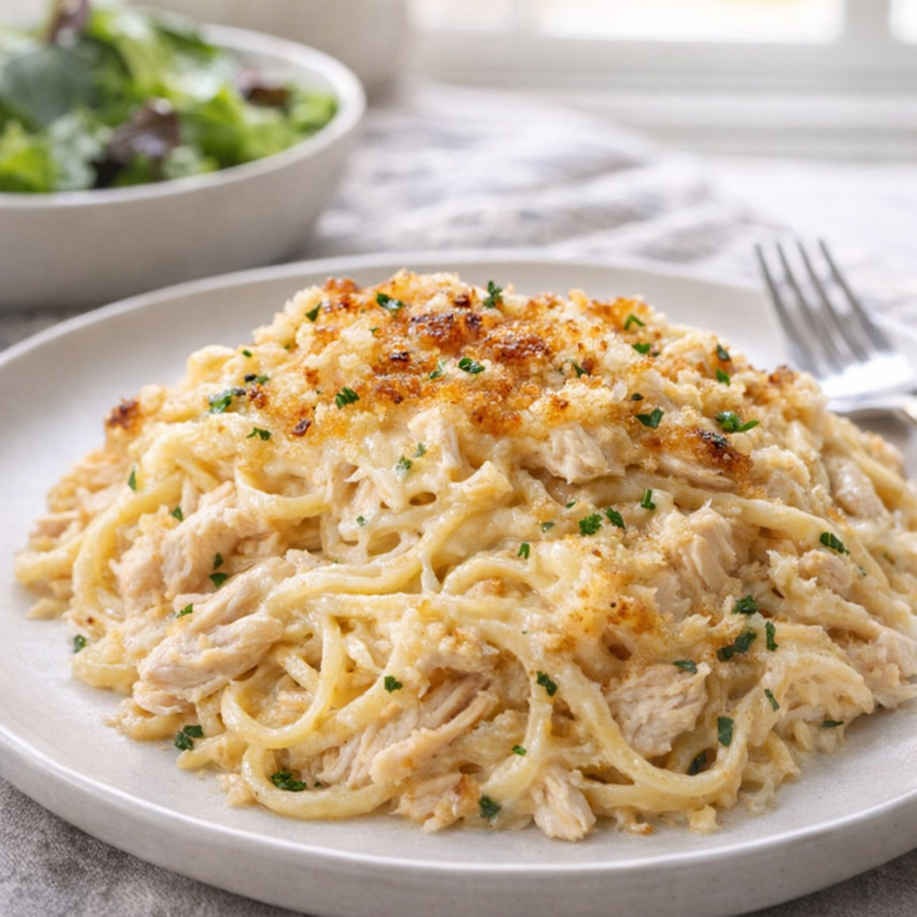 Served portion of chicken tetrazzini on a dinner plate