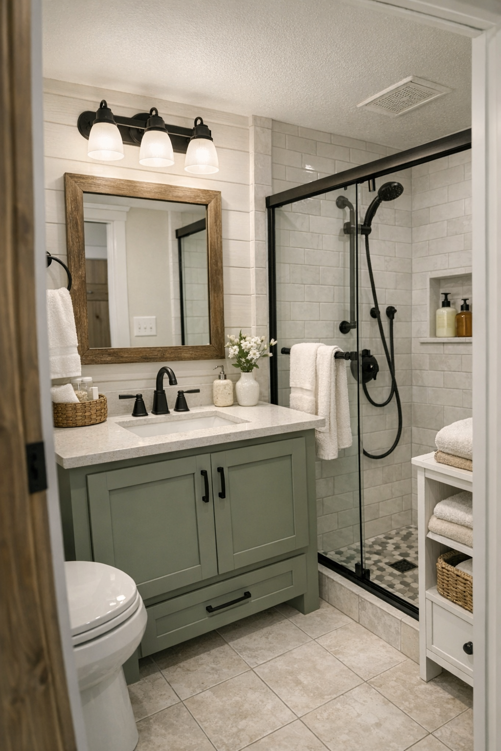 Charming small bathroom with light tile, sage vanity, and black fixtures