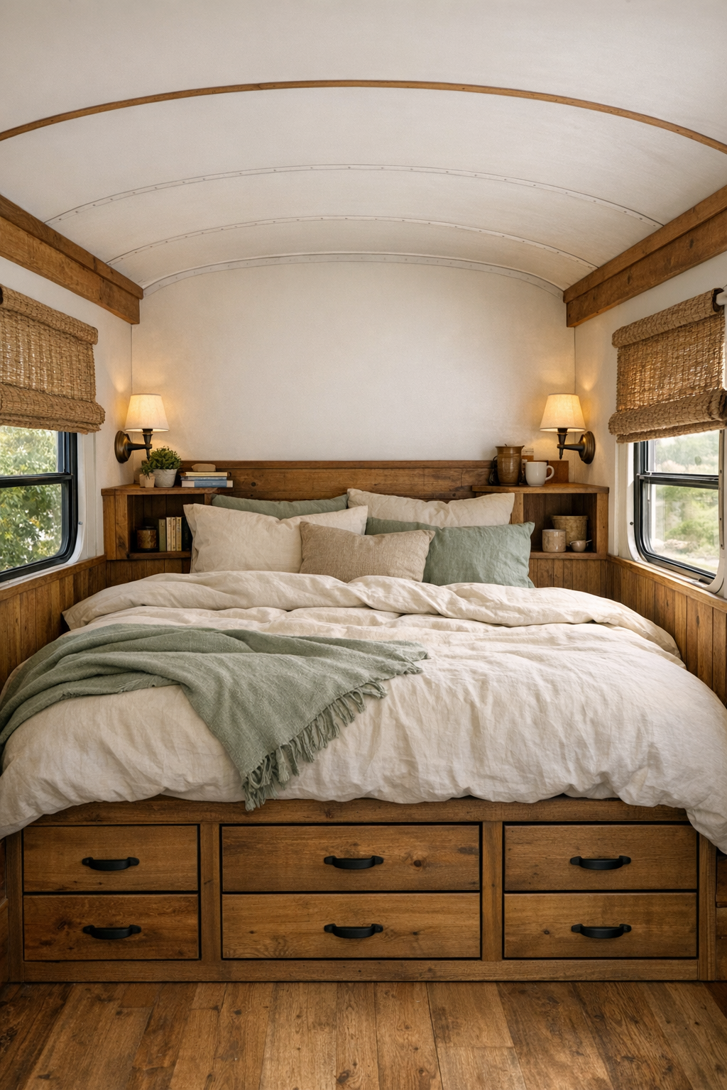 Serene converted bus bedroom with raised platform bed and linen bedding
