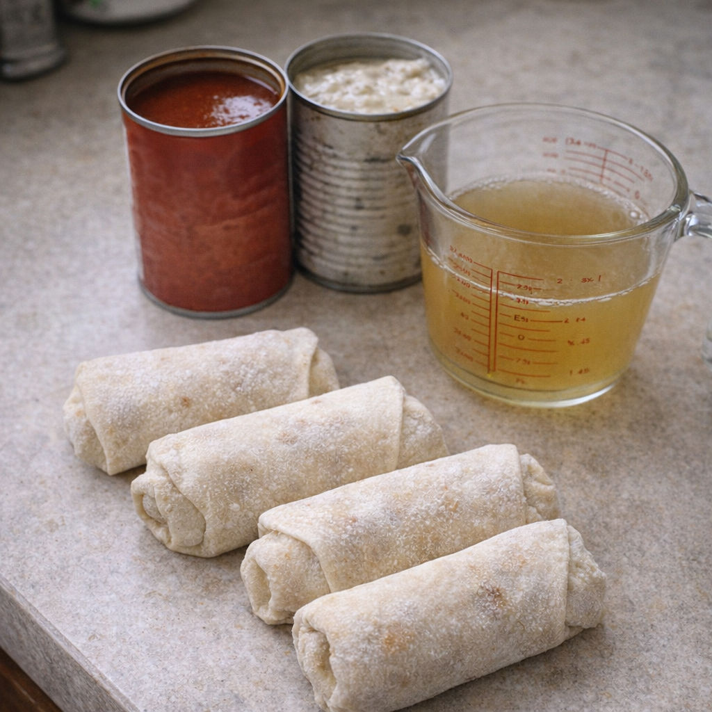 Simple burrito casserole ingredients on a kitchen counter