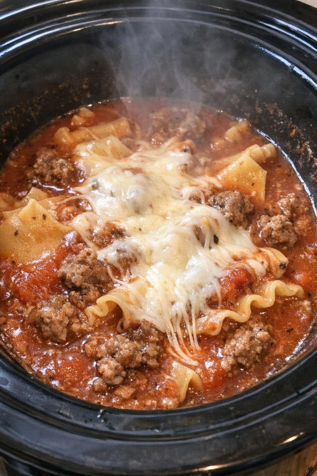 Slow cooker lasagna soup in a black slow cooker crock