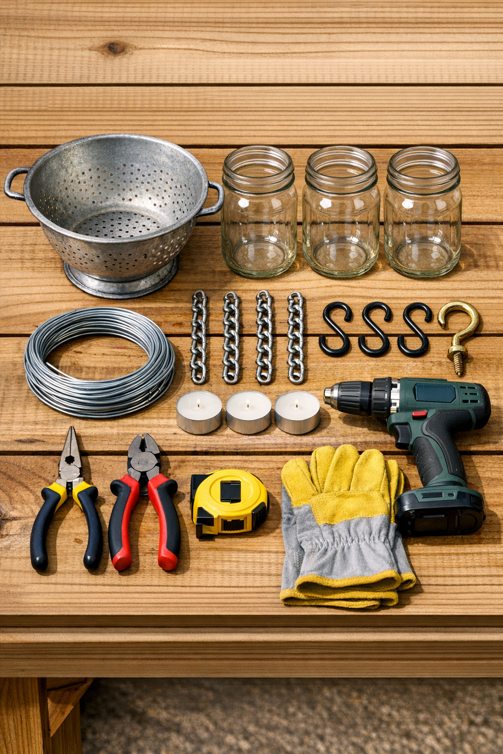 Materials laid out for a colander mason jar candle chandelier