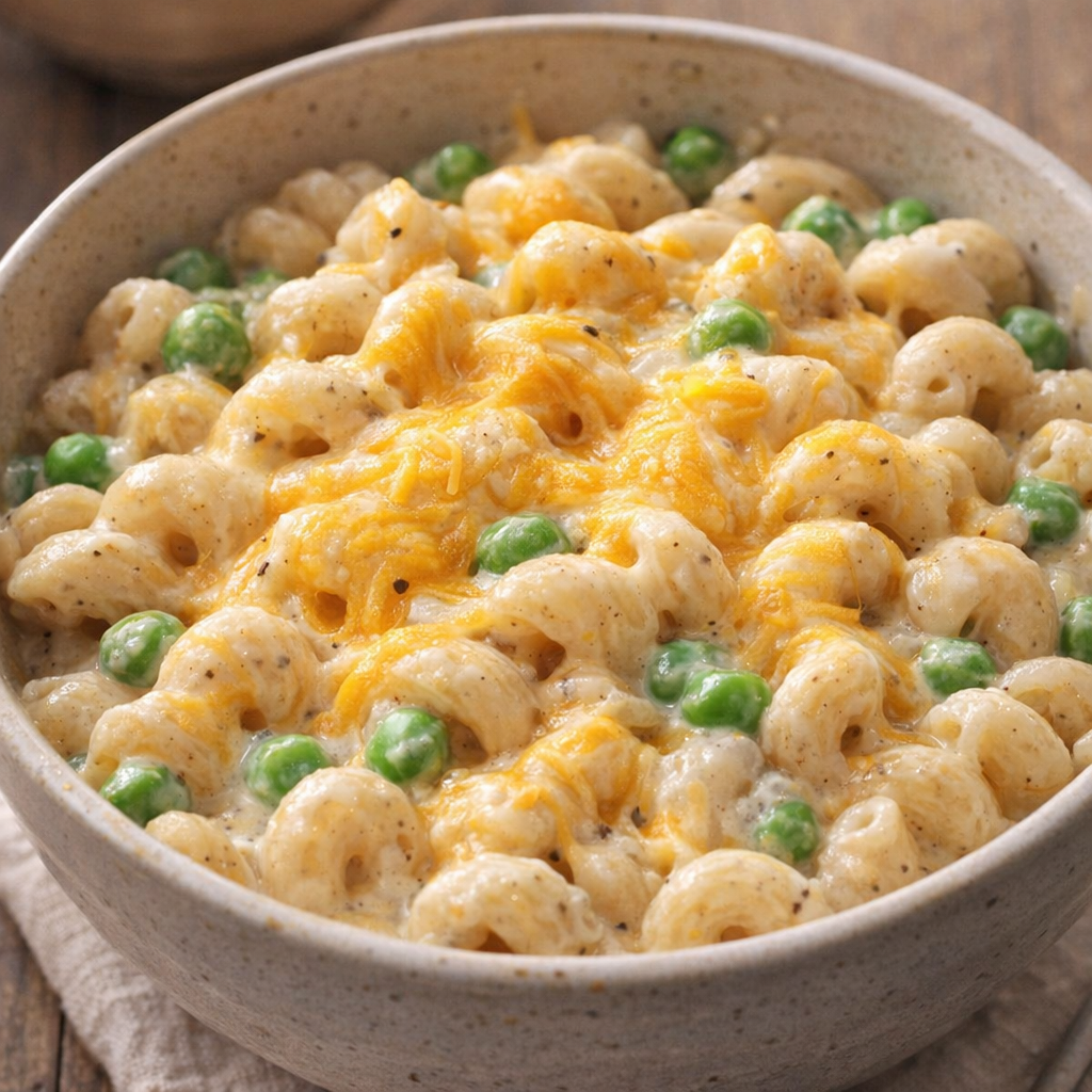 Creamy ranch pasta variation with peas and shredded cheese
