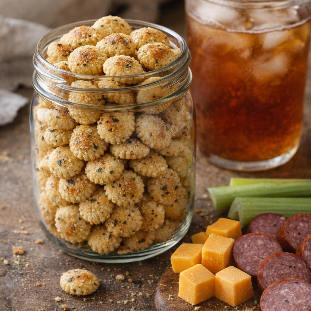 Jar of ranch oyster crackers beside sweet tea and simple snacks