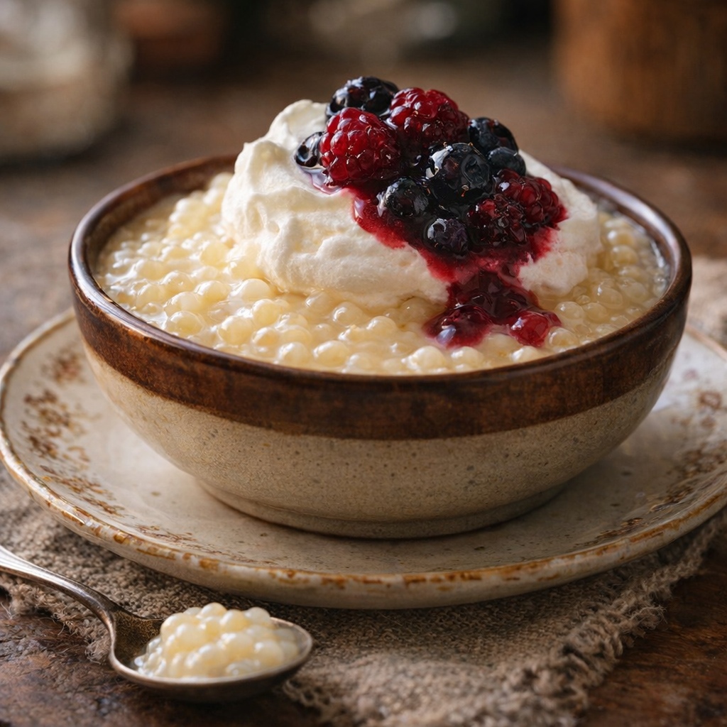 Tapioca pudding served with whipped cream and stewed berries