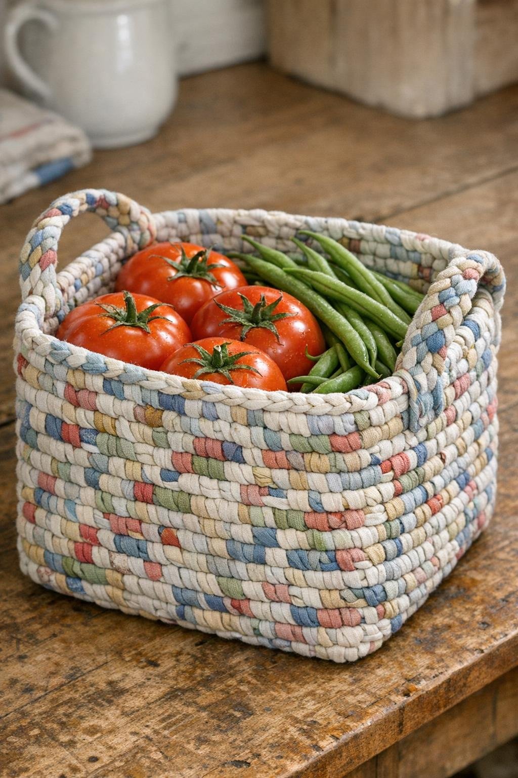 Finished woven harvest basket made from old cotton pillowcases