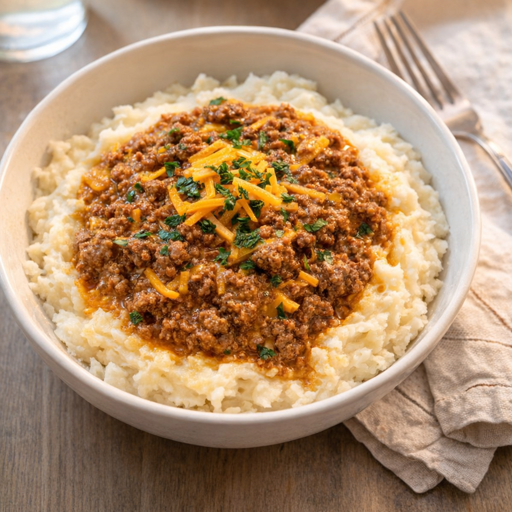 Slow cooker cheddar beef served over mashed potatoes