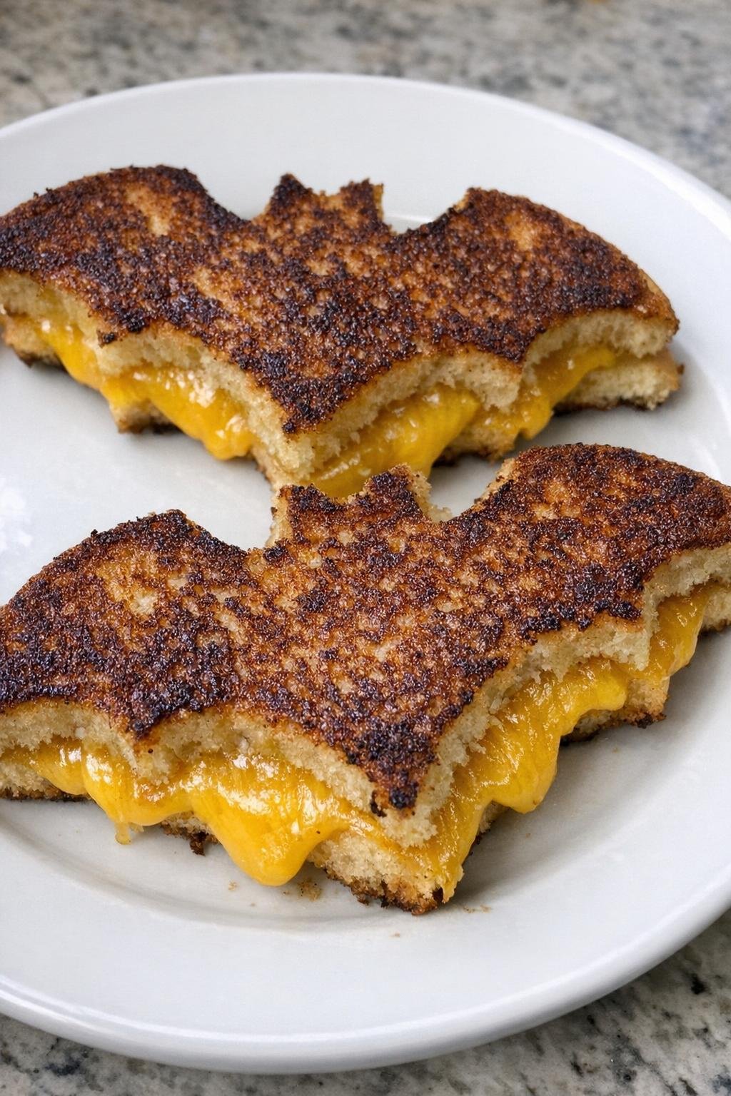 Bat grilled cheese on a white plate