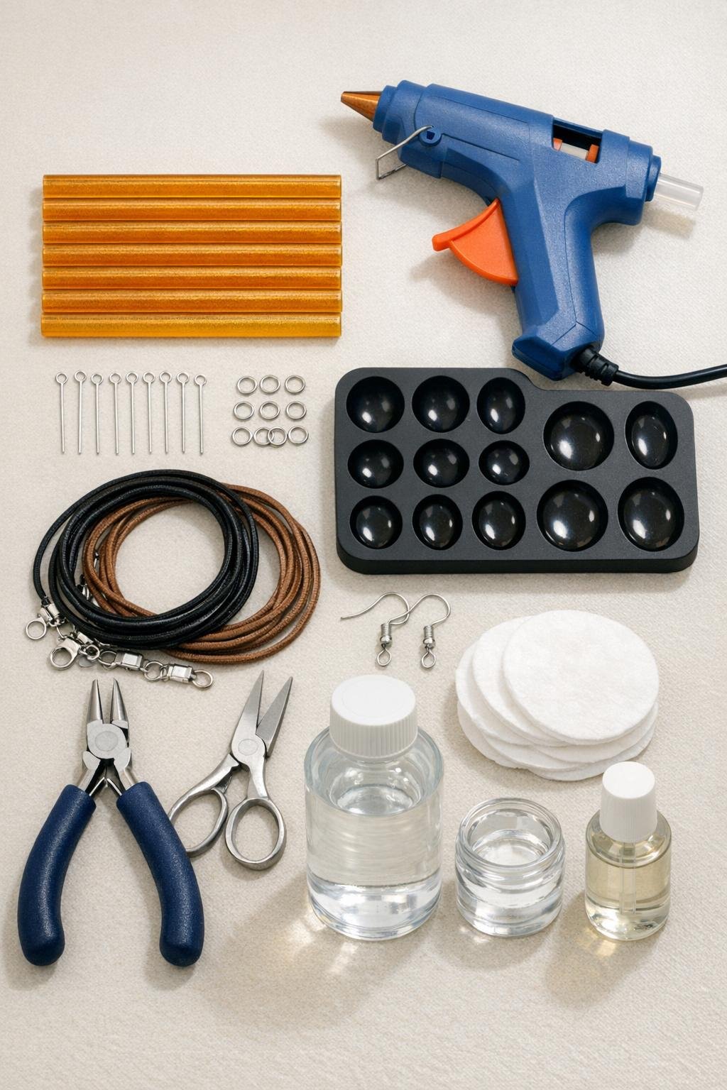 Amber glue sticks, silicone ice cube tray, jewelry findings, and tools laid out on a craft table