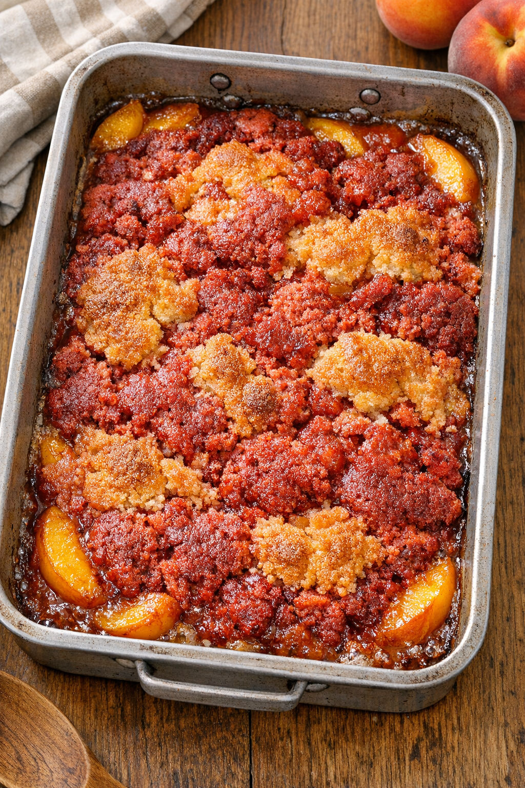 Baked peach red velvet dessert in a roasting pan