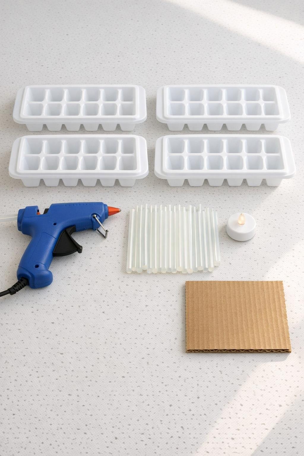 Materials for making a hot glue cube project laid out on a kitchen counter