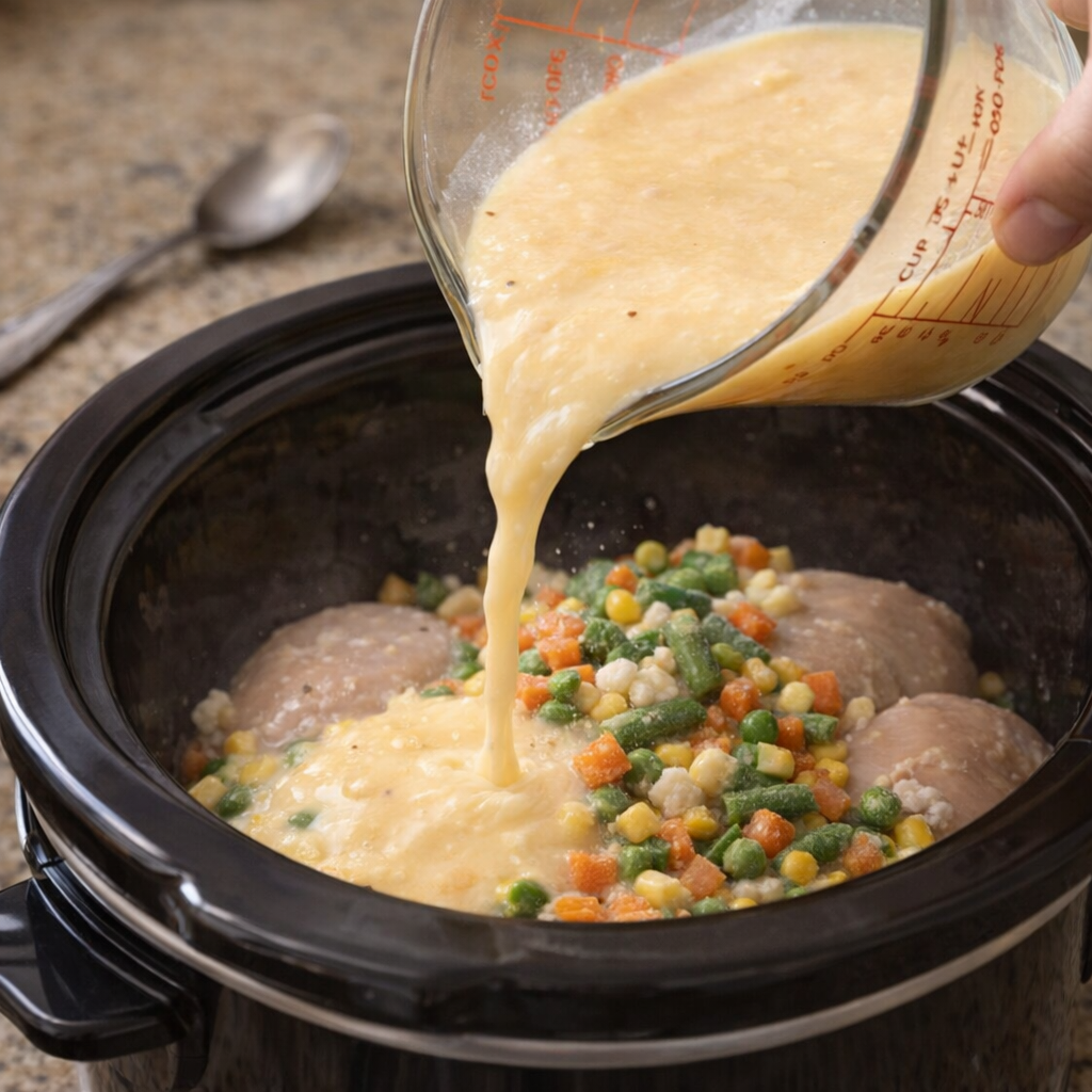 Creamy chicken broth mixture being poured into the slow cooker