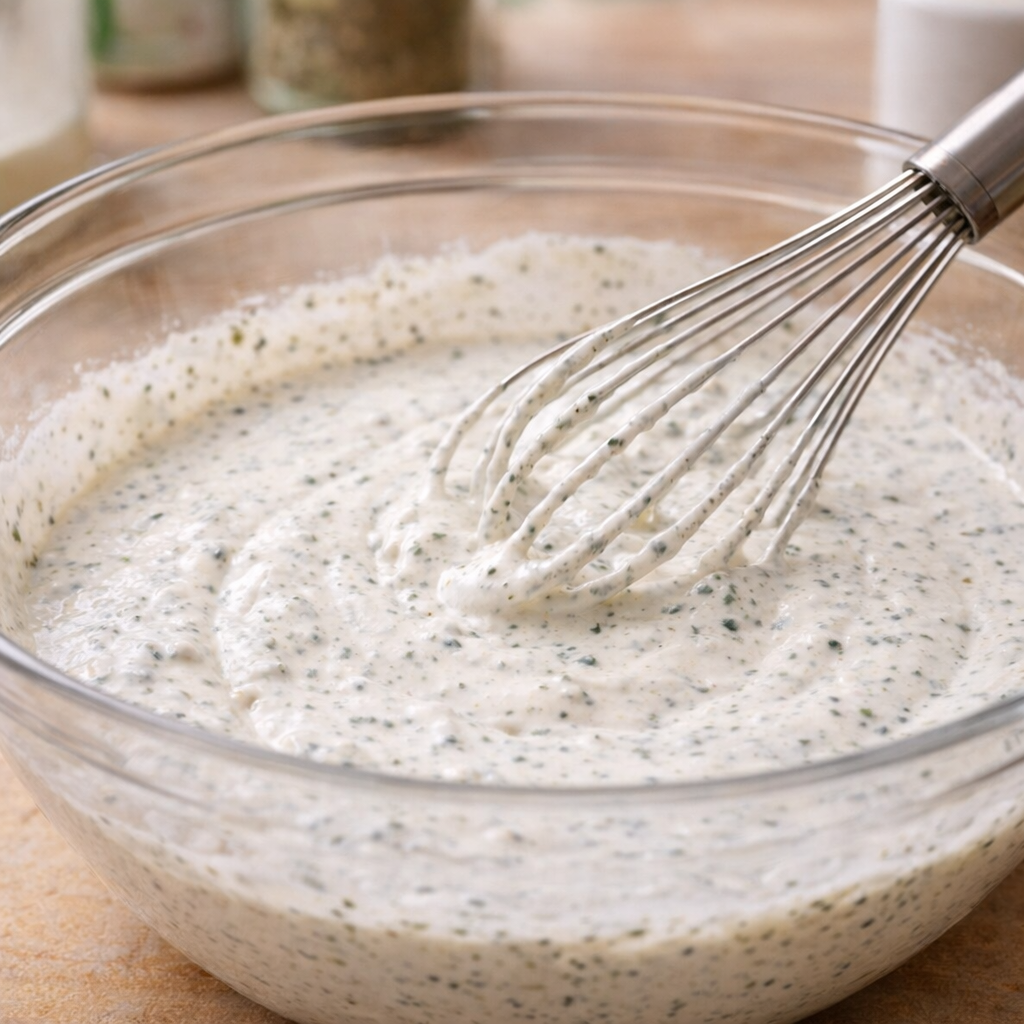 Cream and ranch mixture being whisked in a bowl