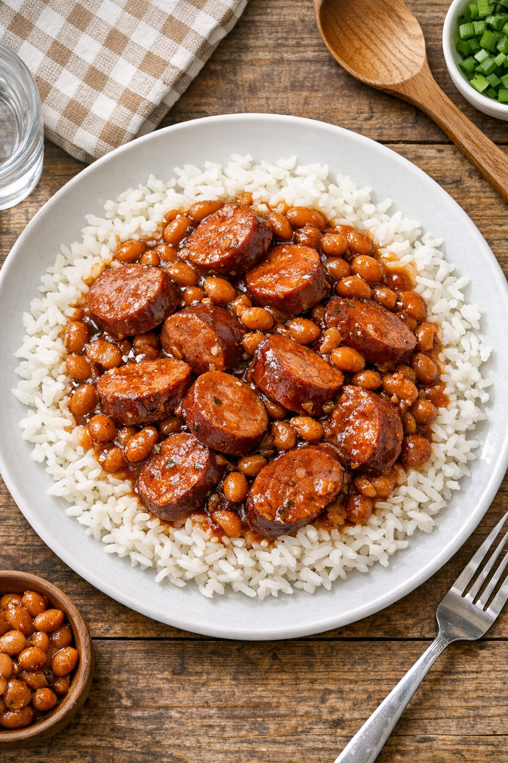 Finished slow cooker andouille sausage feast plated with rice