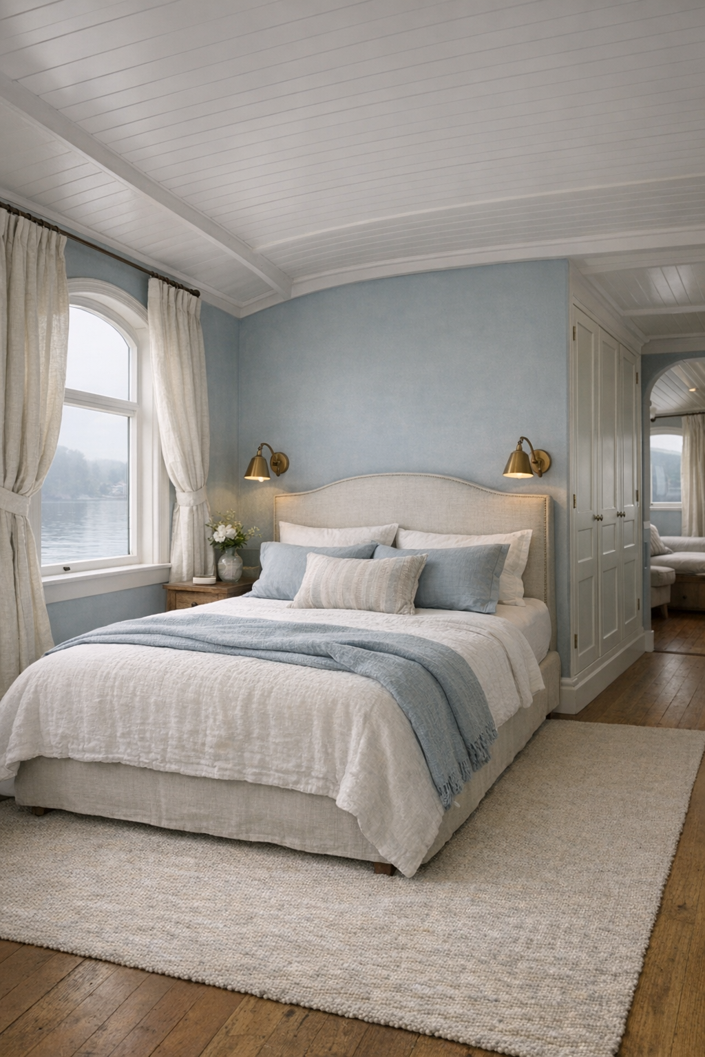 Serene accessible bedroom with a misty blue palette, upholstered bed, and built-in wardrobes