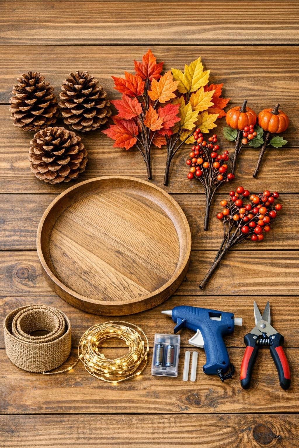 Materials for a pinecone autumn centerpiece laid out on a table