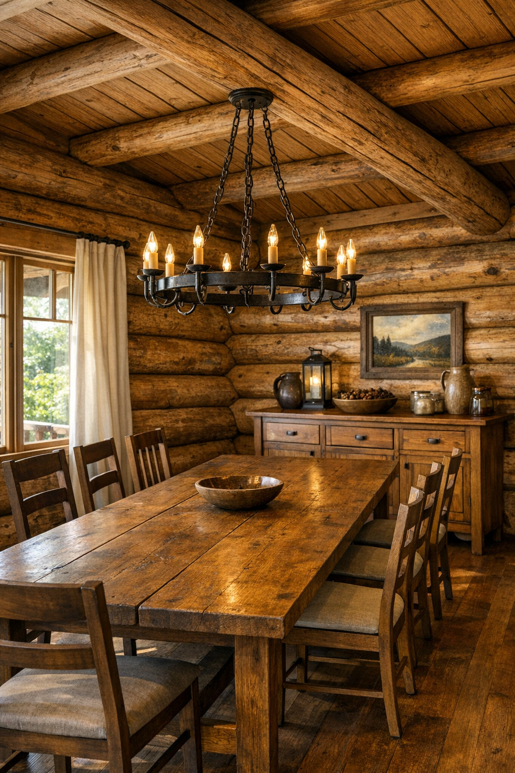 Rustic dining room with log walls, a long wood table, simple chairs, and warm chandelier light