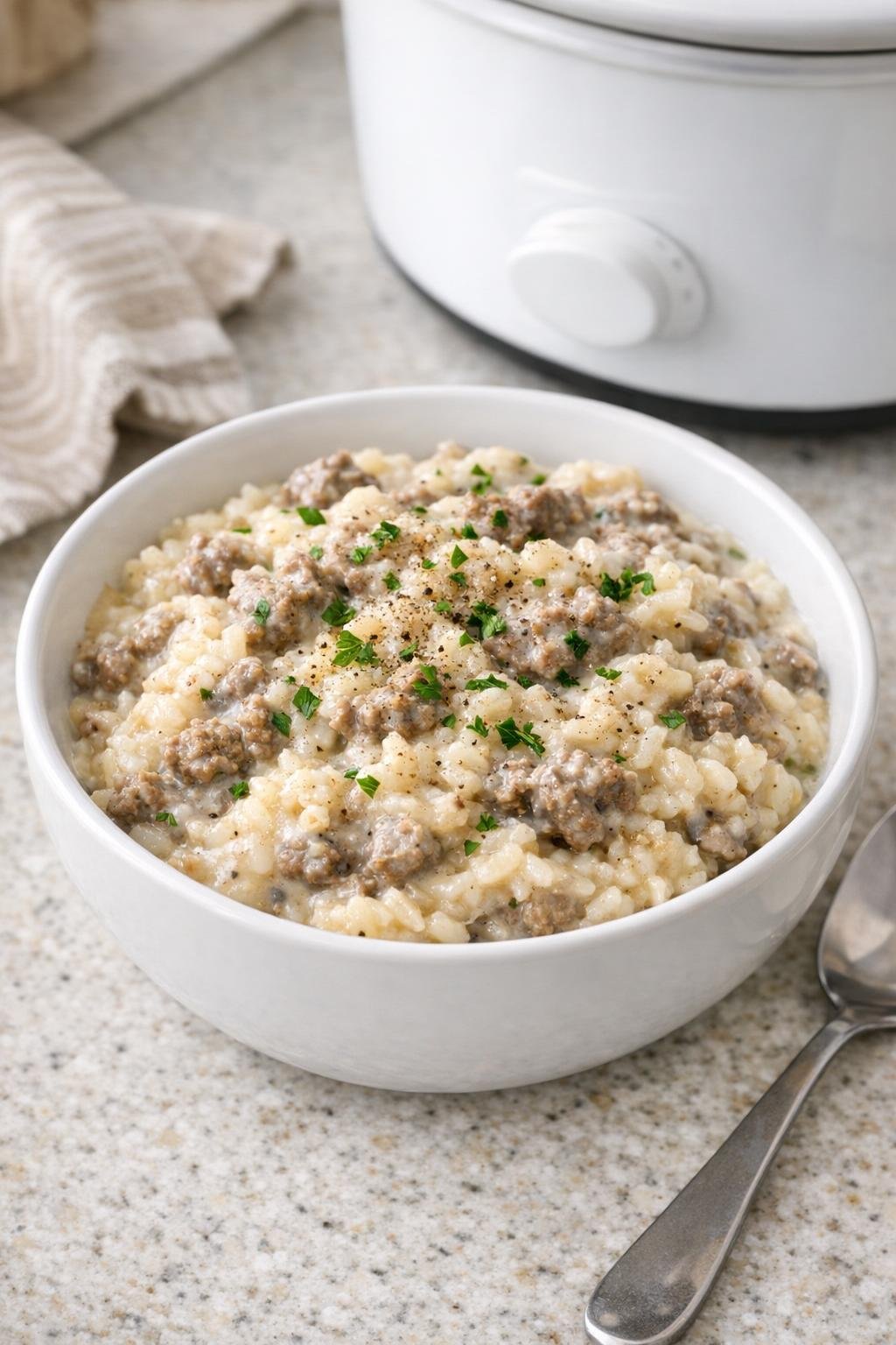 Finished creamy celery beef and rice plated in a bowl