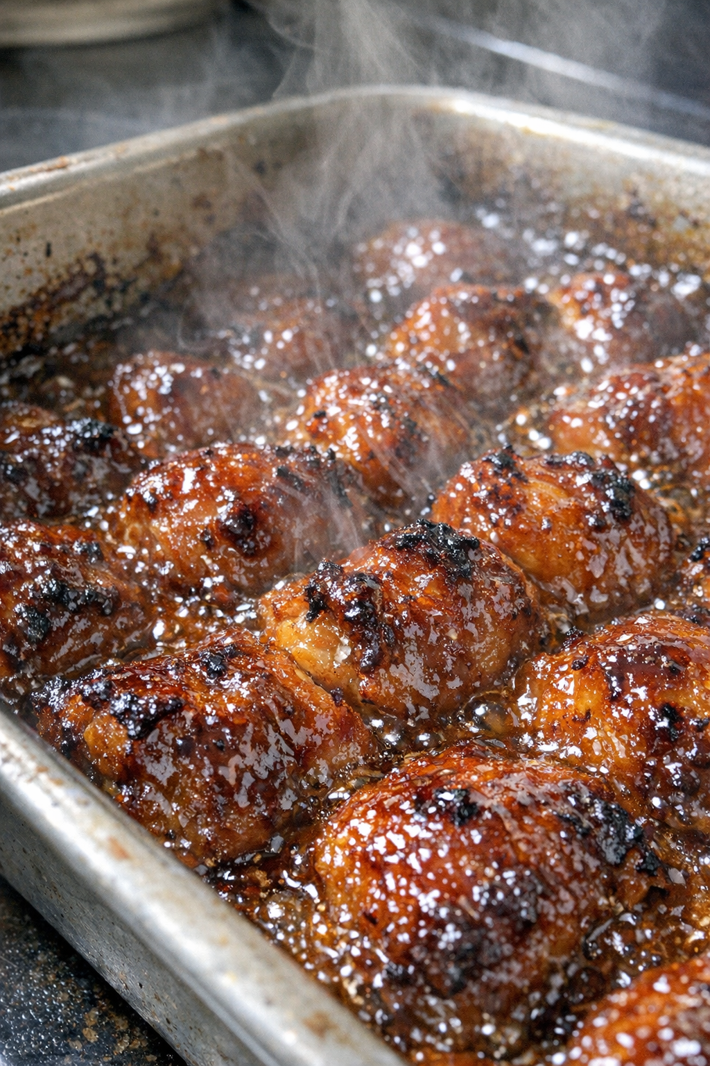 Caramelized baked dish in a metal baking sheet