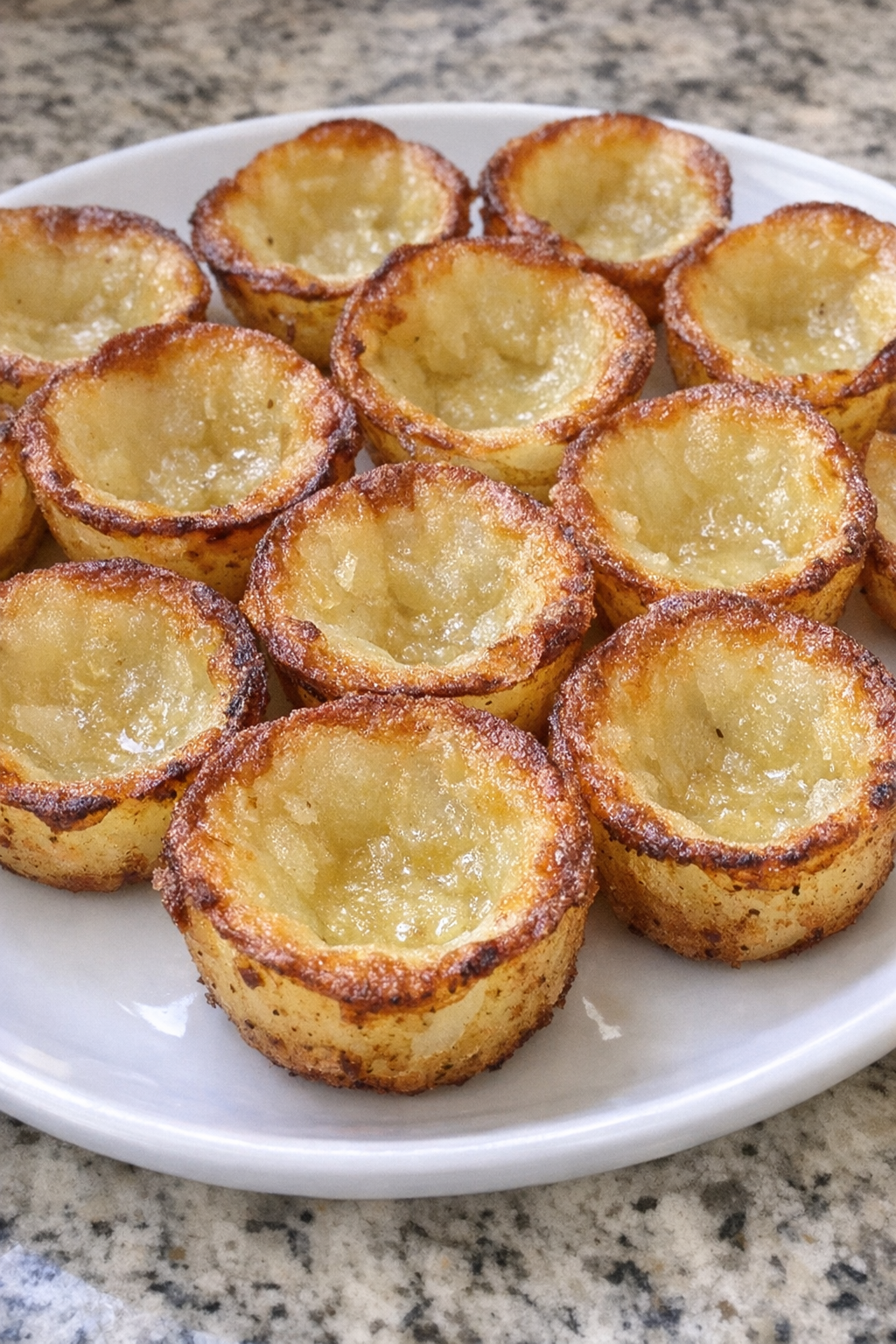 Golden potato shell cups on a white plate