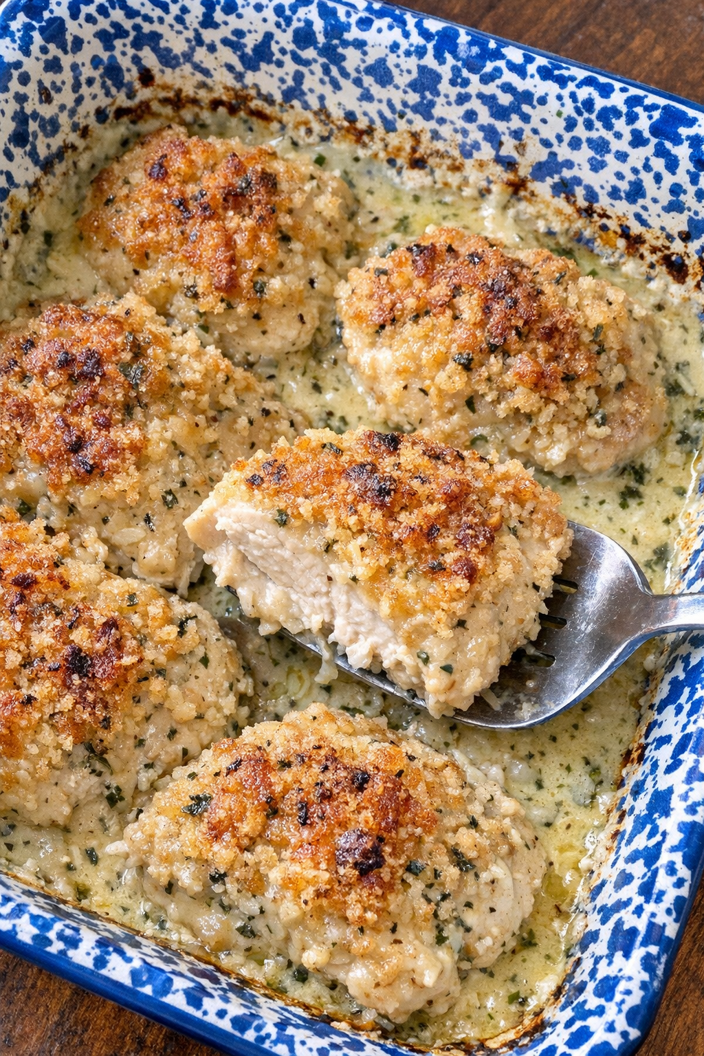 Golden crusted chicken pieces with creamy herb sauce in a blue speckled casserole dish