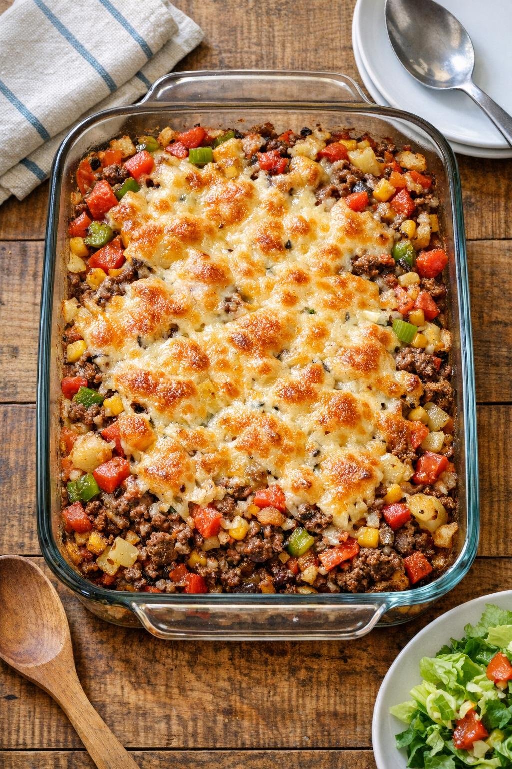 Finished vintage beef bake in a glass casserole dish