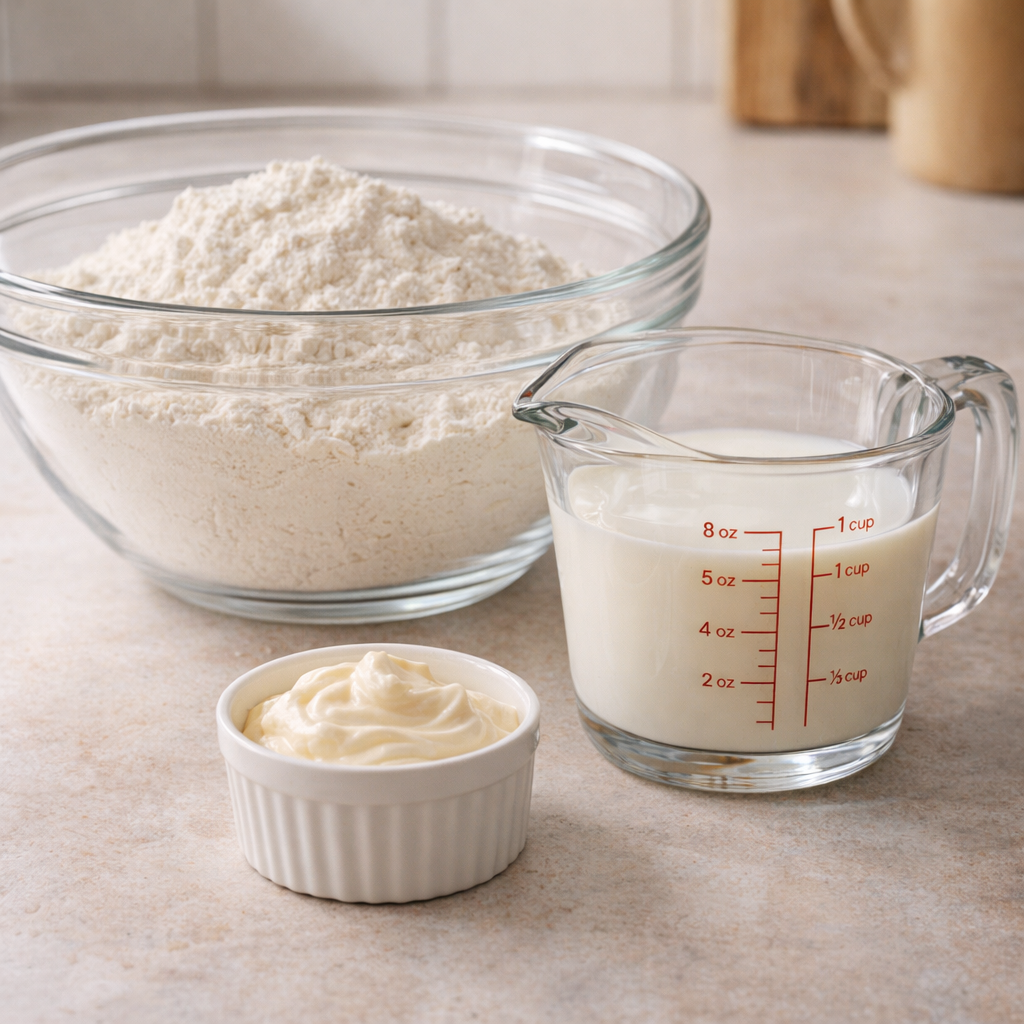 Measured biscuit ingredients arranged on a countertop