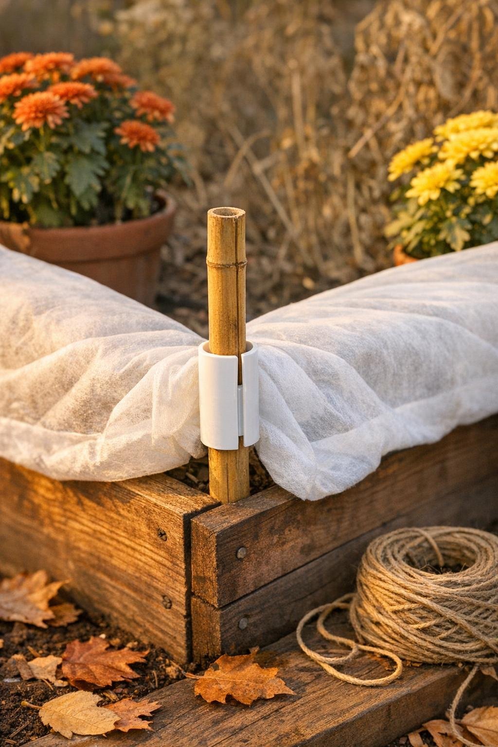 Finished raised bed protective anchor stakes holding a garden cover neatly in place