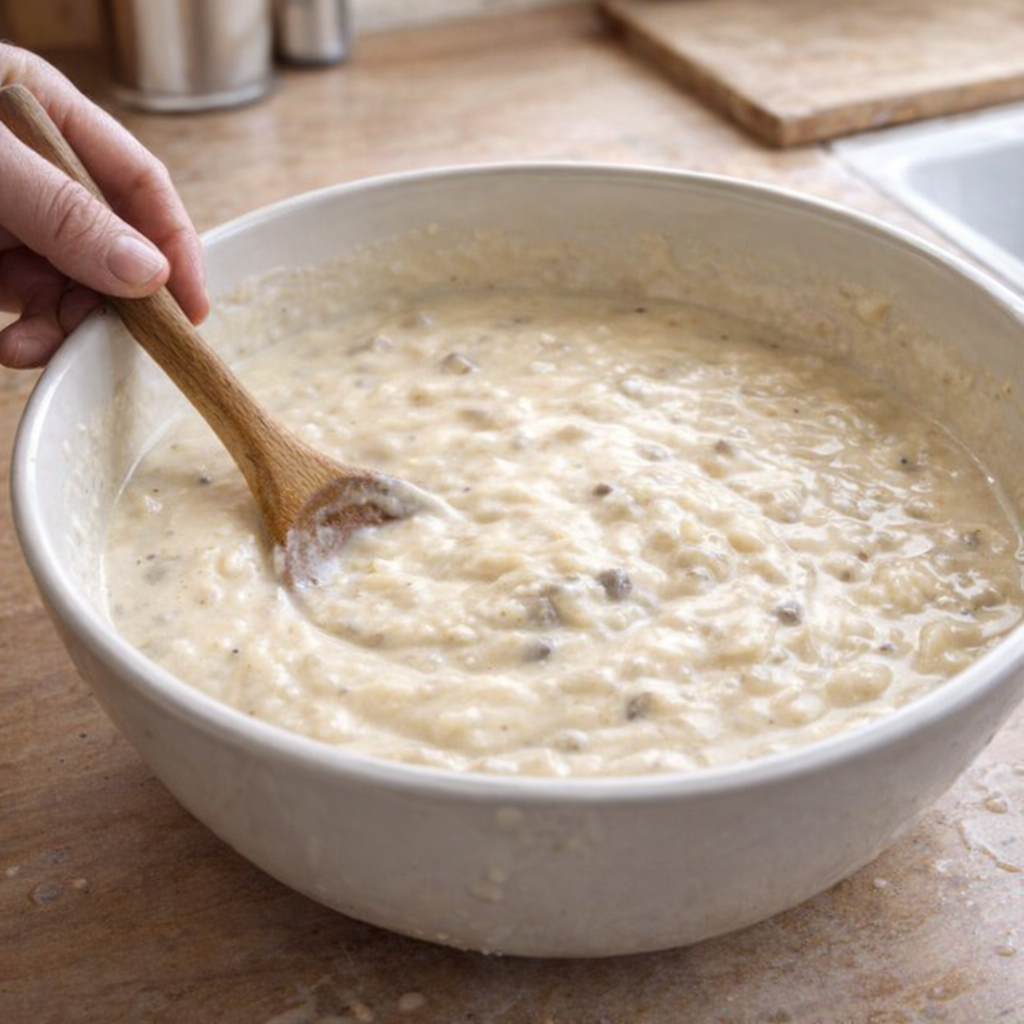 Creamy soup mixture being stirred in a mixing bowl