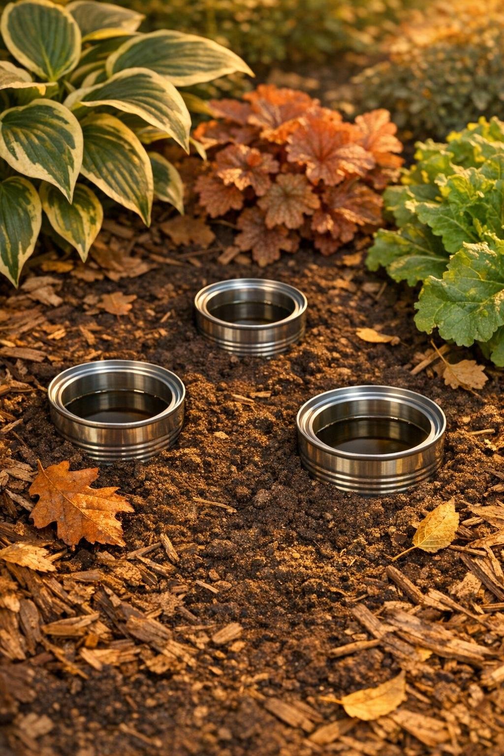 Finished fall garden bed with three aluminum soup can slug traps set in place