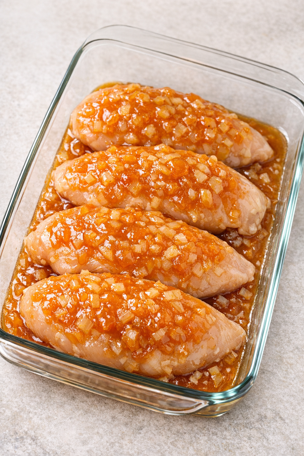 Chicken breasts coated with apricot onion glaze before baking