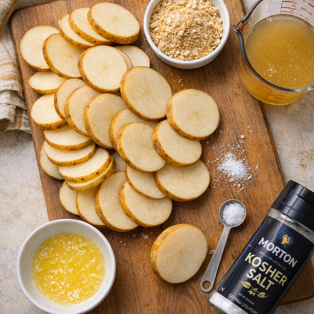 Sliced russet potatoes and simple ingredients arranged on a kitchen counter