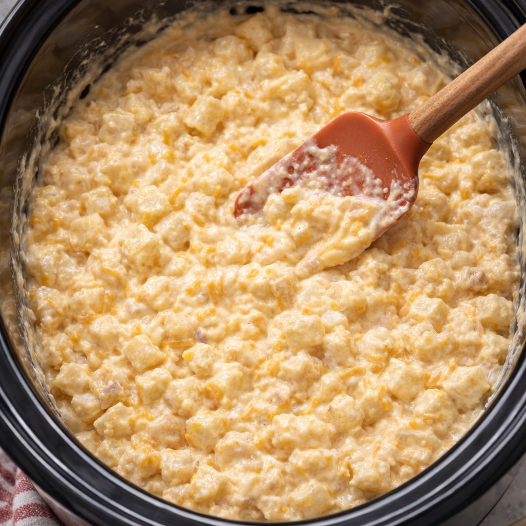 Creamy casserole mixture spread over hash browns in the slow cooker