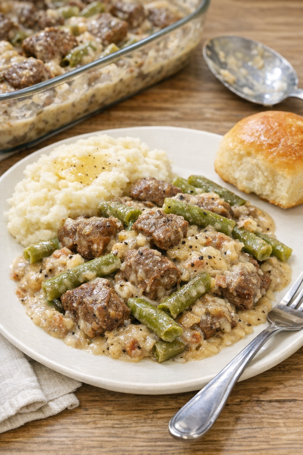 Finished beef and green bean bake in a casserole dish