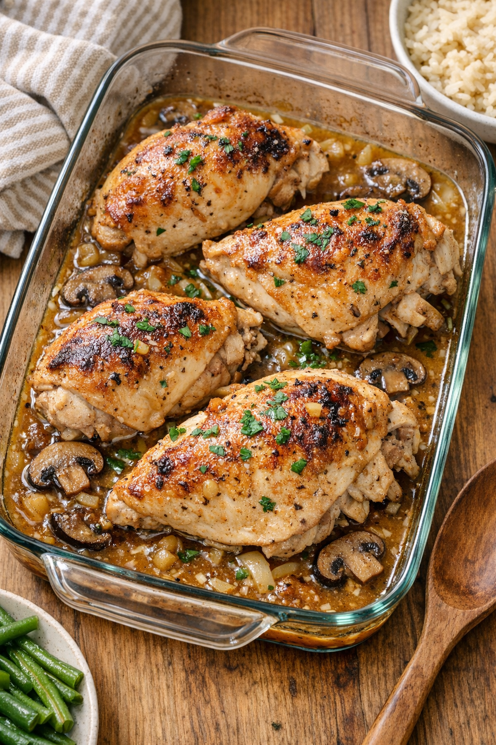 Finished baked chicken in a glass casserole dish with rich sauce