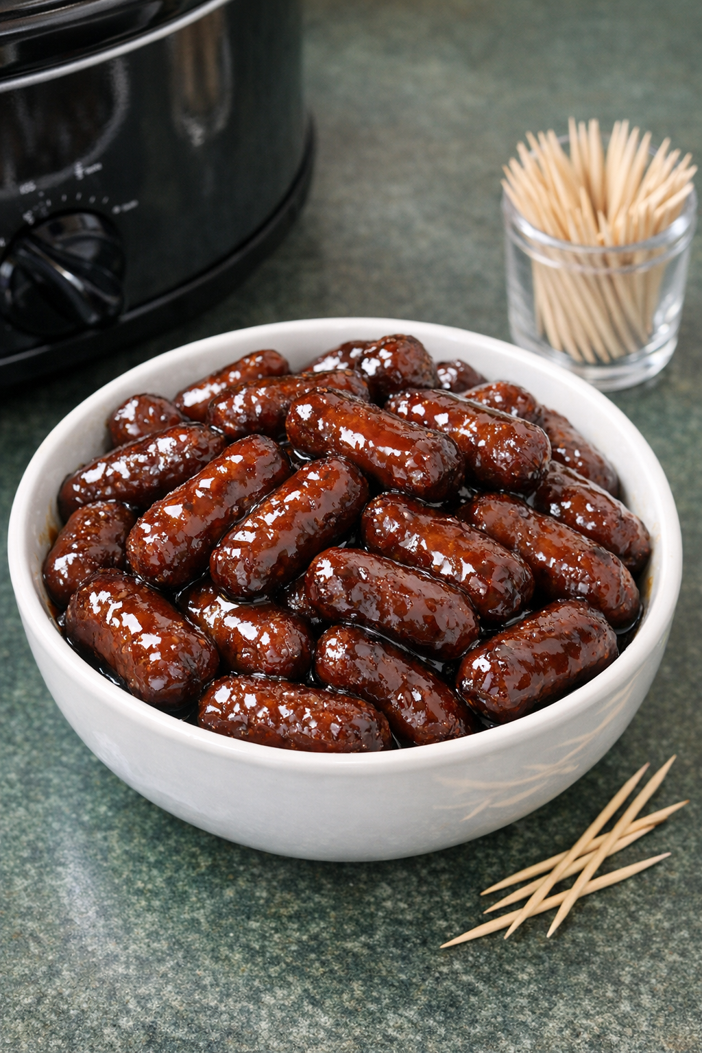 Finished cola glazed beef smokies in a serving bowl