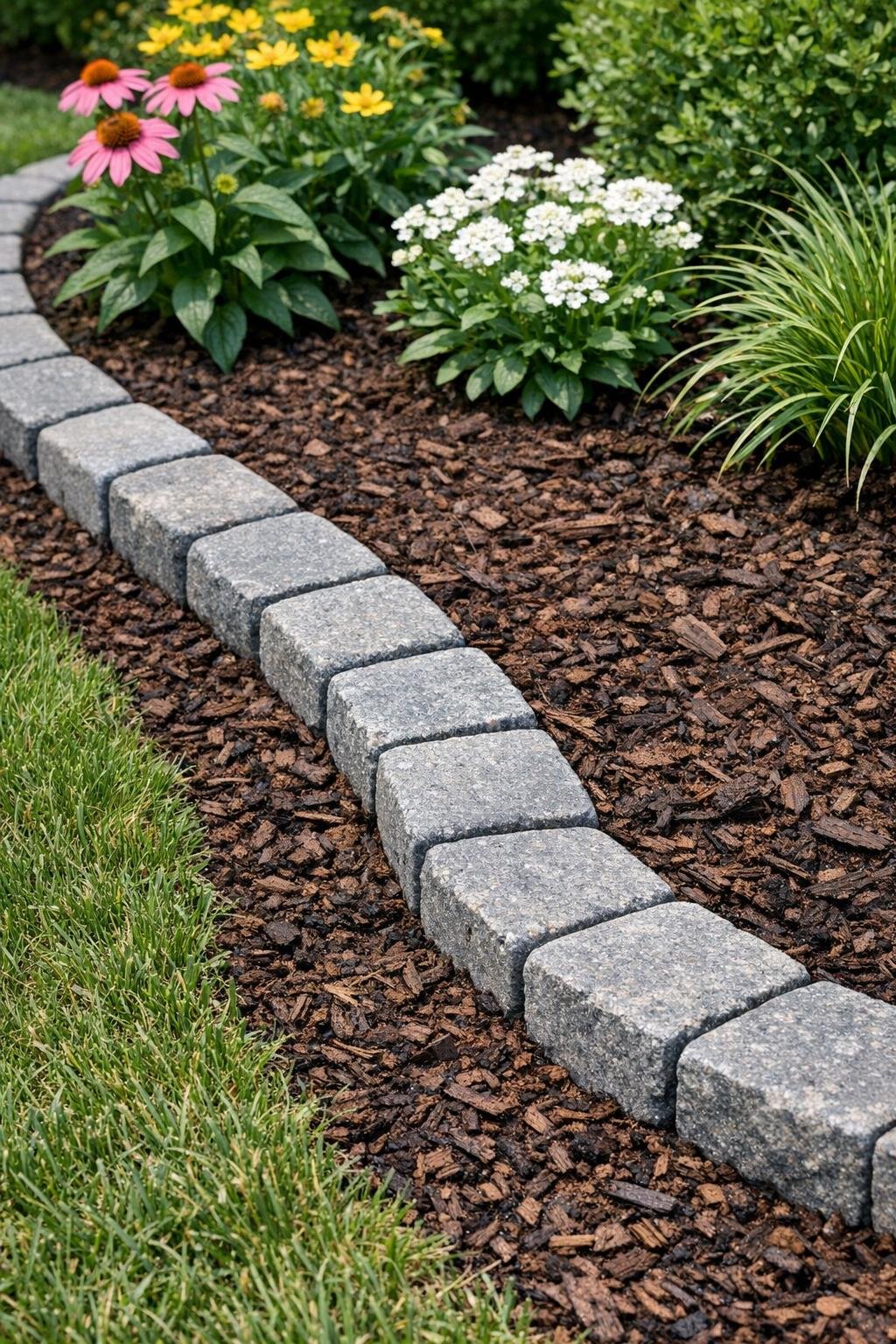 Finished garden border with grey stone pavers in dark brown mulch