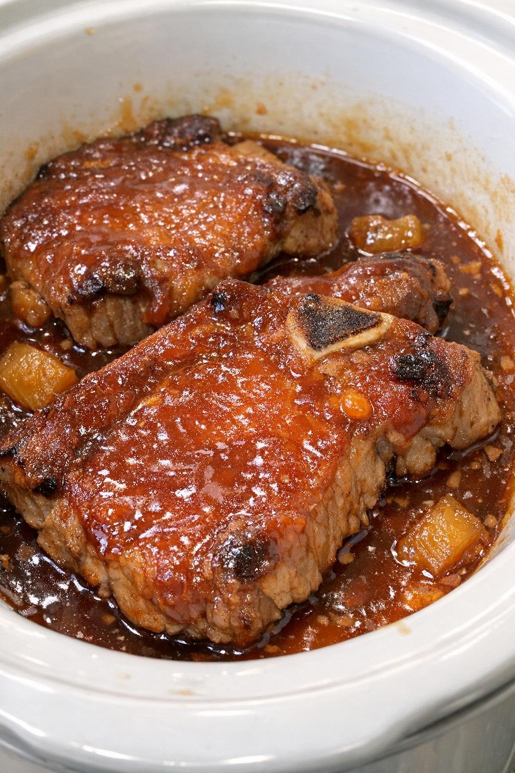 Slow cooker sweet and sour pork chops in a white crock