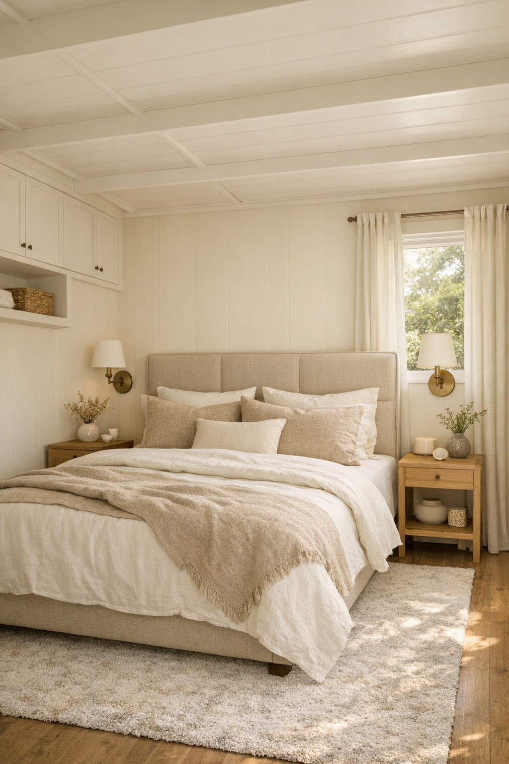Serene neutral bedroom with layered linen bedding and soft natural textures