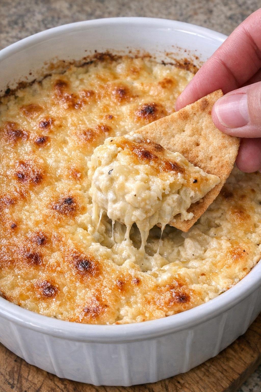 3-ingredient artichoke beaumont dip in a white casserole dish with a pita chip scooping