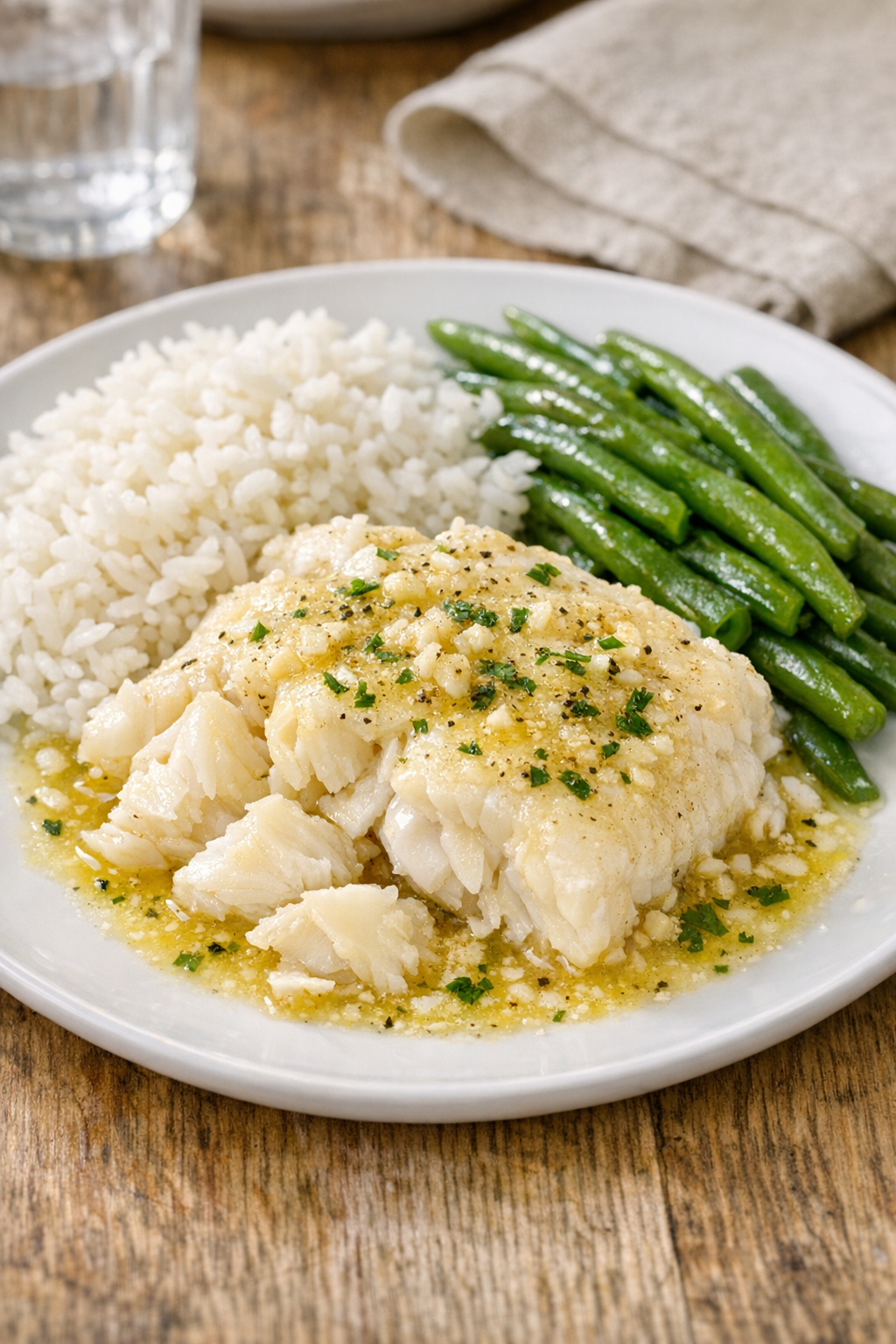 Finished plated slow cooker haddock with butter and seasonings