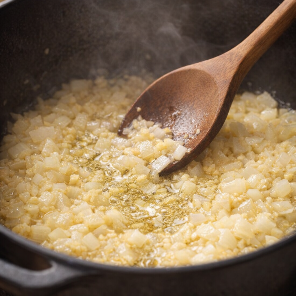 Diced onion and garlic cooking in olive oil in a Dutch oven