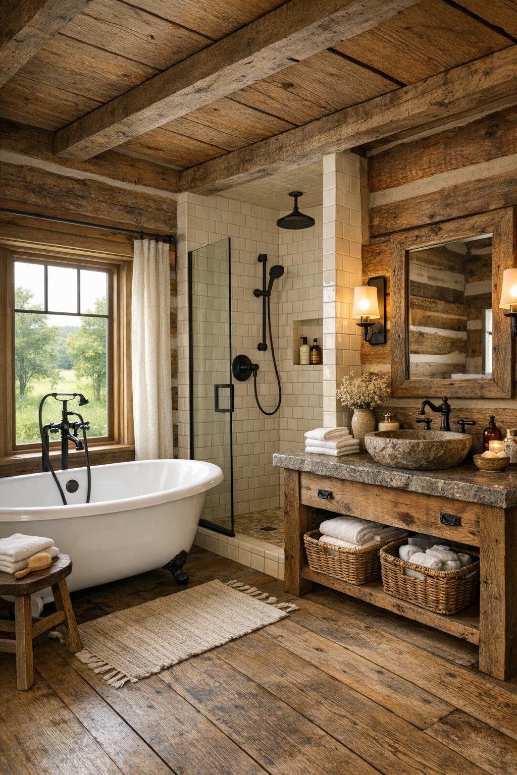 Rustic bathroom with a freestanding tub, subway tile shower, and repurposed wood vanity