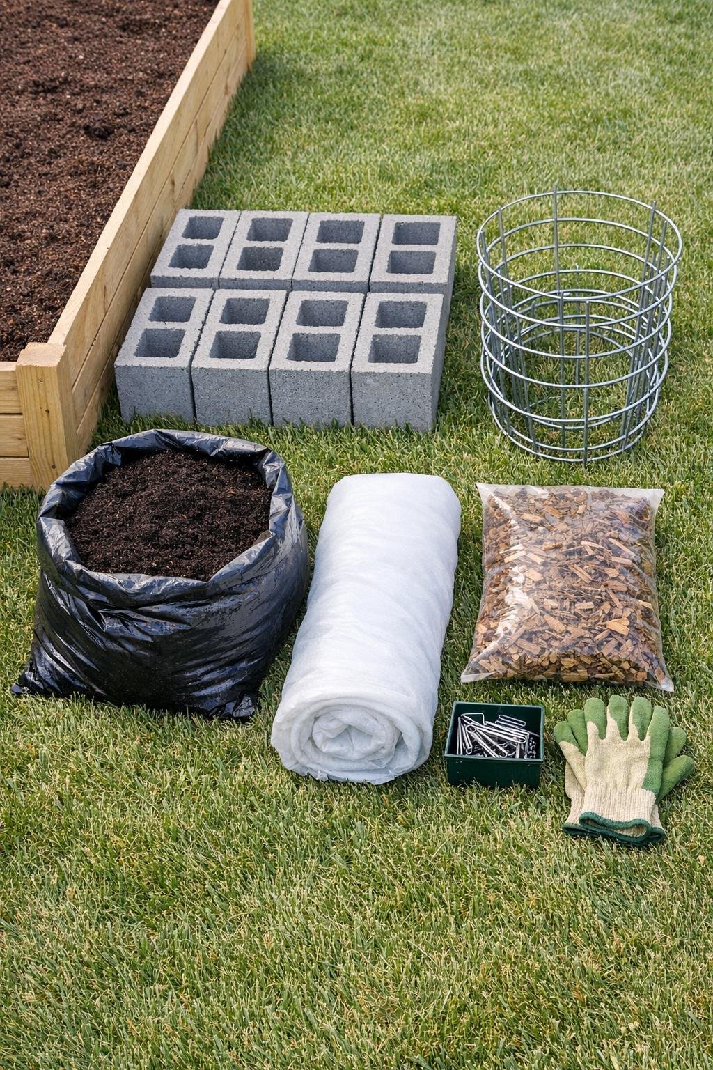 Cinder blocks and tomato cages laid out beside a raised garden bed