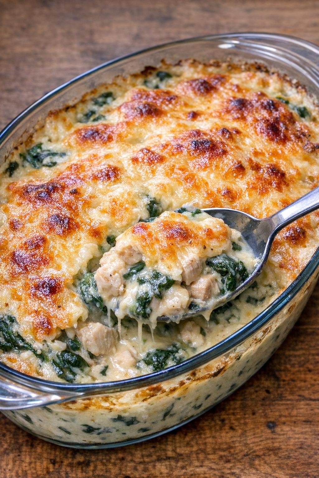 Creamy chicken Florentine bake with bubbling cheese top