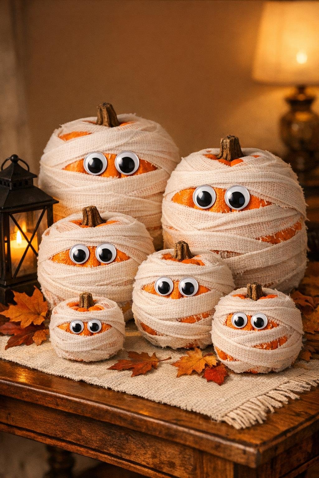 Finished mummy pumpkin family displayed together for Halloween decor