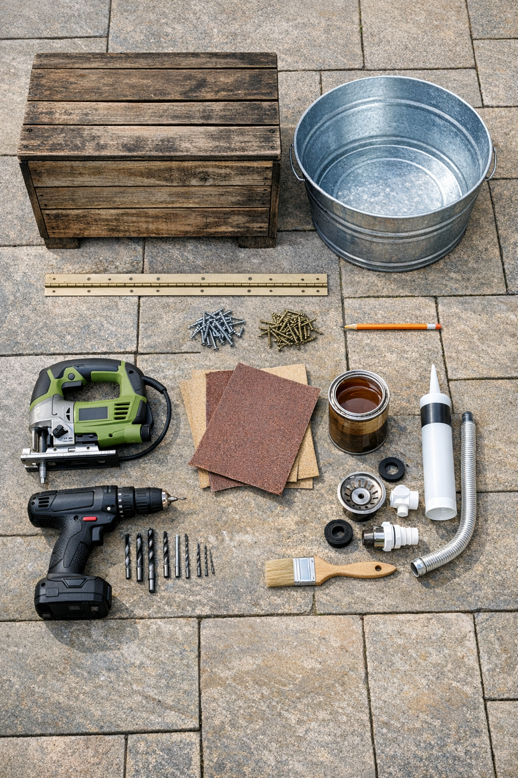 Materials for building a wooden chest bench cooler laid out together